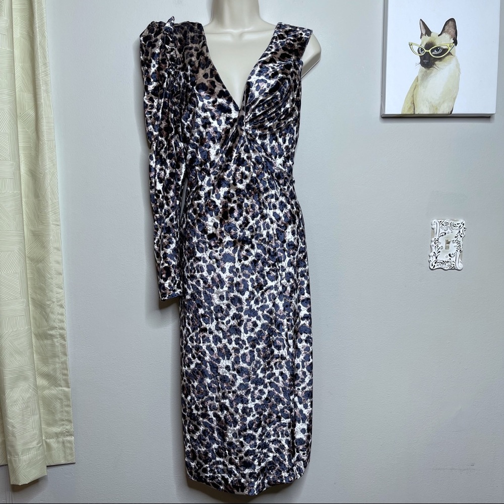 Lavish Alice Velvet One Sleeved Animal Print Black, Tan, & Gold Dress Size 12